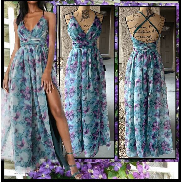 Lulus Romance That Wows Dark Teal Floral Print Organza Maxi Dress Size S - Picture 1 of 13